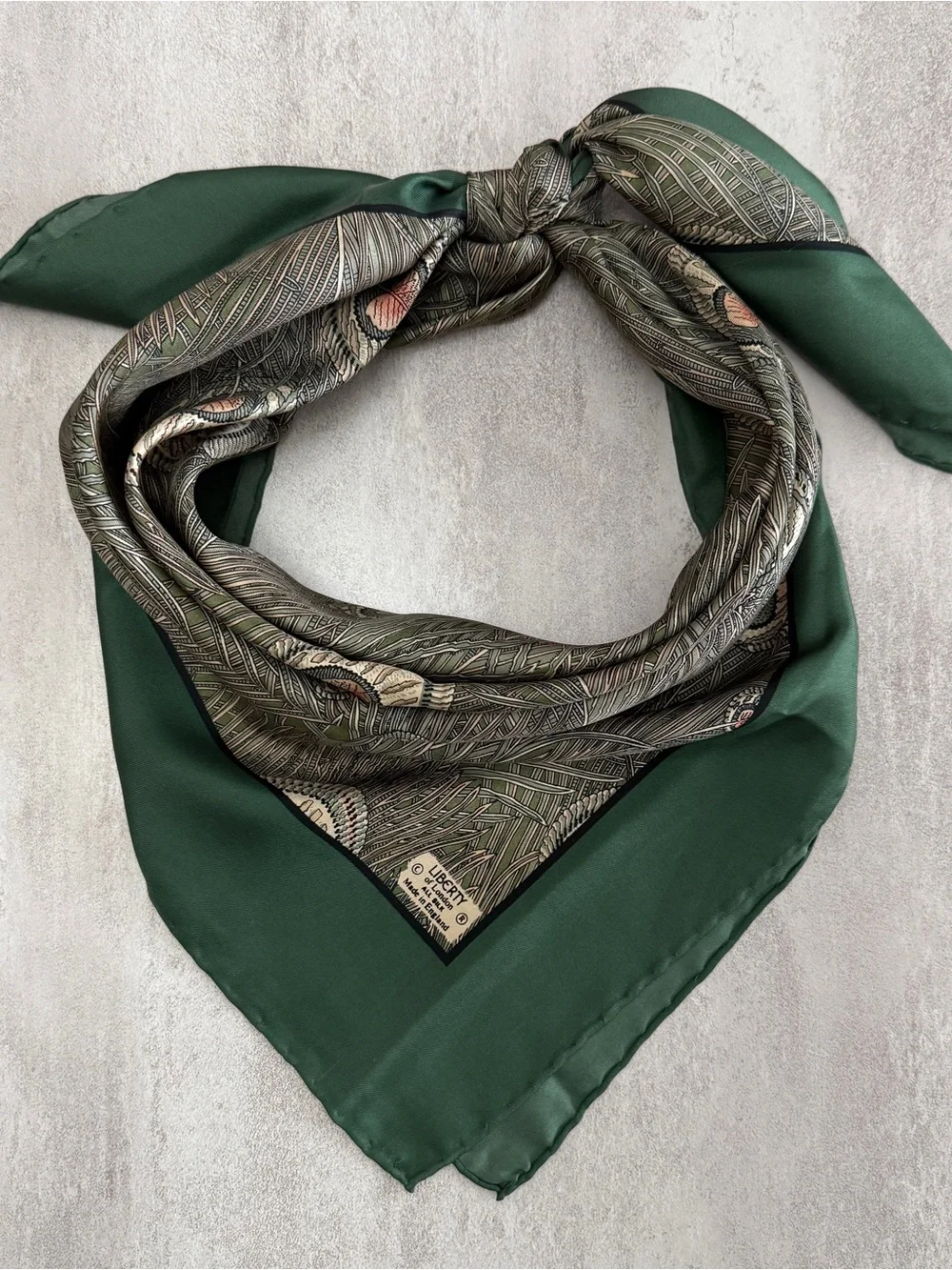Liberty of London Green Botanical Print Silk Scarf with Navy Border